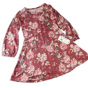 One Step Up Floral Dress Girls Knit Long Sleeve Round Collar Knee A Line Dress